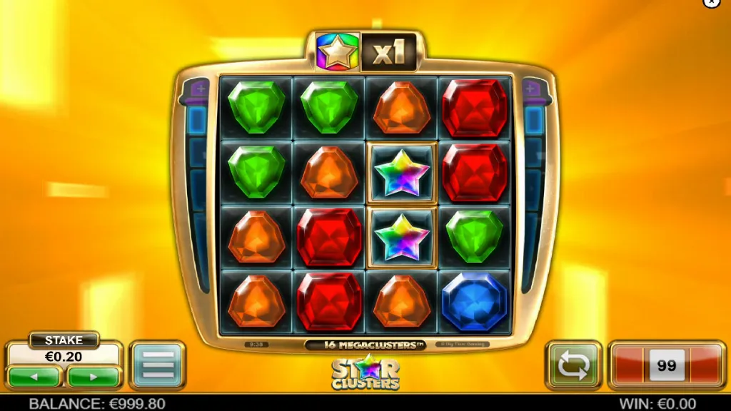 StarClusters Megaclusters base game reels filled with vibrant jewels and rainbow star wilds.