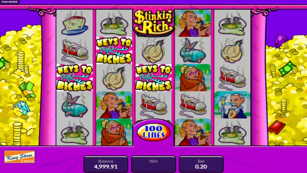 Stinkin’ Rich slot reels with three Keys to Riches bonus symbols landing to trigger free spins feature.