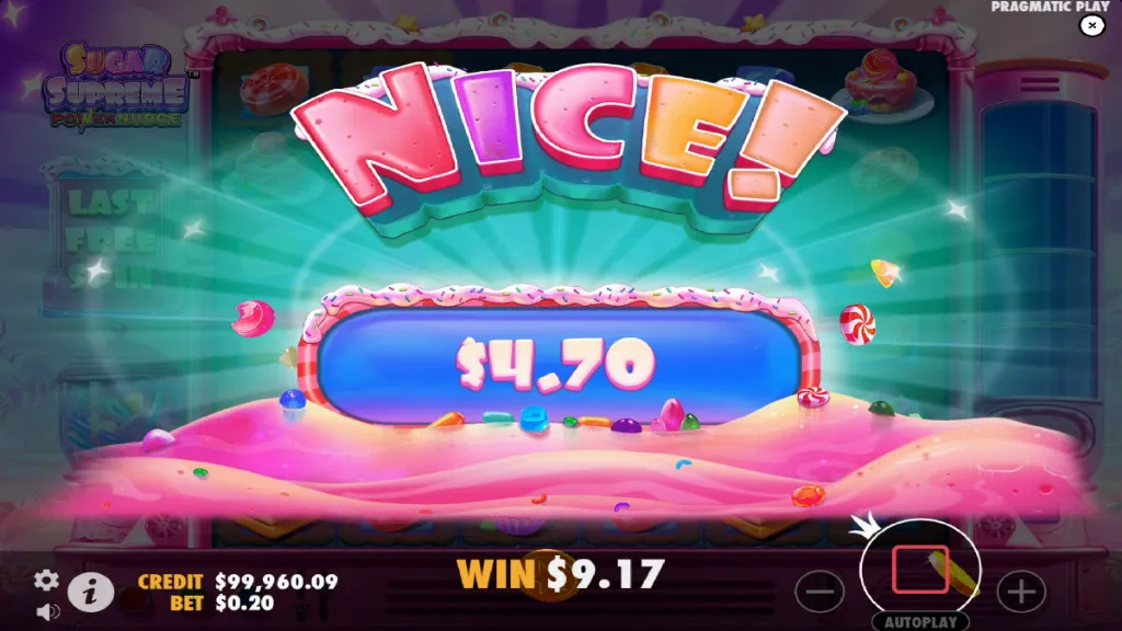 Sugar Supreme Power Nudge slot Big Win screen displaying payout with candies and coins flying.