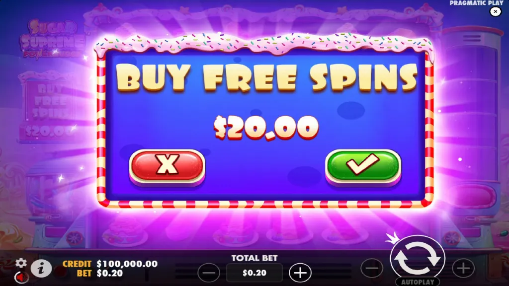 Sugar Supreme Power Nudge slot bonus buy feature offering free spins for a set bet amount.