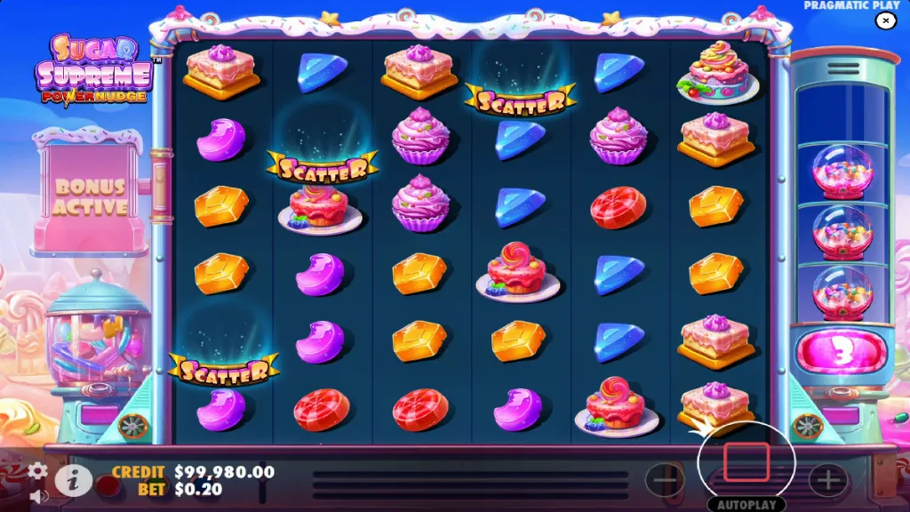 Sugar Supreme Power Nudge slot reels with scatter symbols landing to activate the bonus round.
