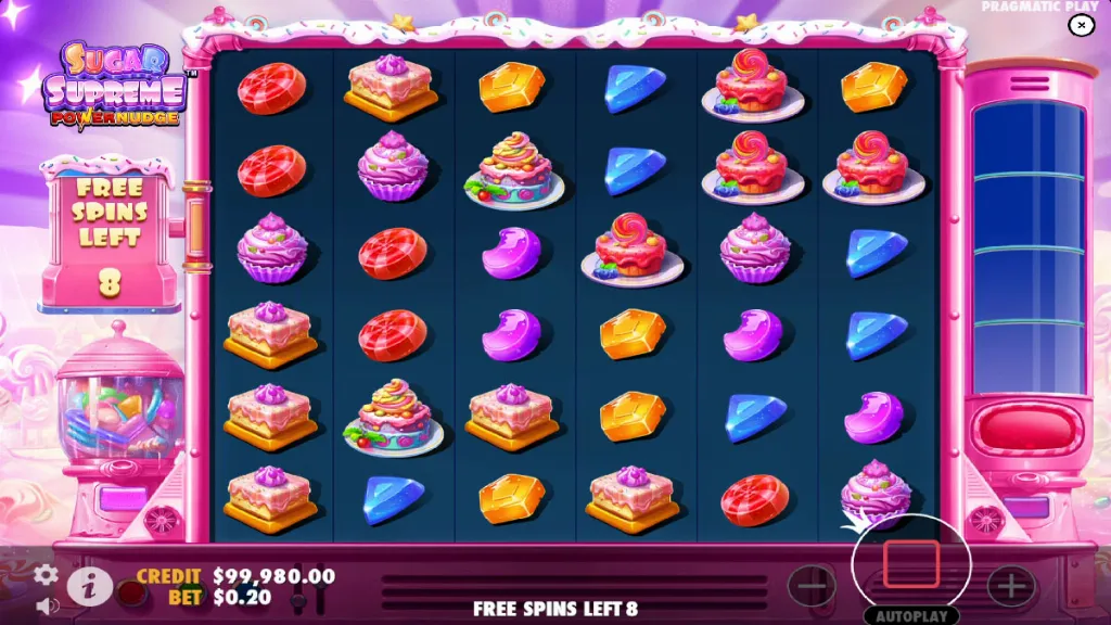 Sugar Supreme Power Nudge free spins round in progress with colorful candy symbols and nudging reels.