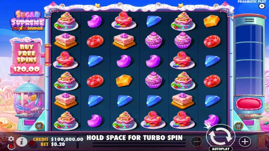 Sugar Supreme Power Nudge base game showing bright candy icons and standard reel play.