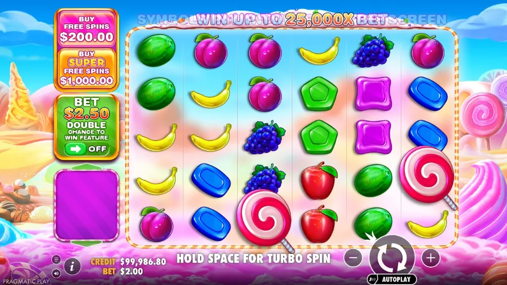 Sweet Bonanza 1000 slot game screen featuring colorful fruit and candy symbols on a bright candyland-themed background
