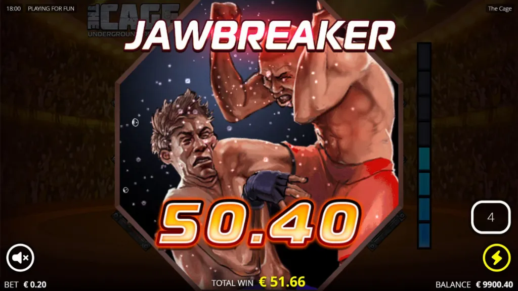 A jawbreaker knockout animation in The Cage slot highlights a massive win with the payout displayed.