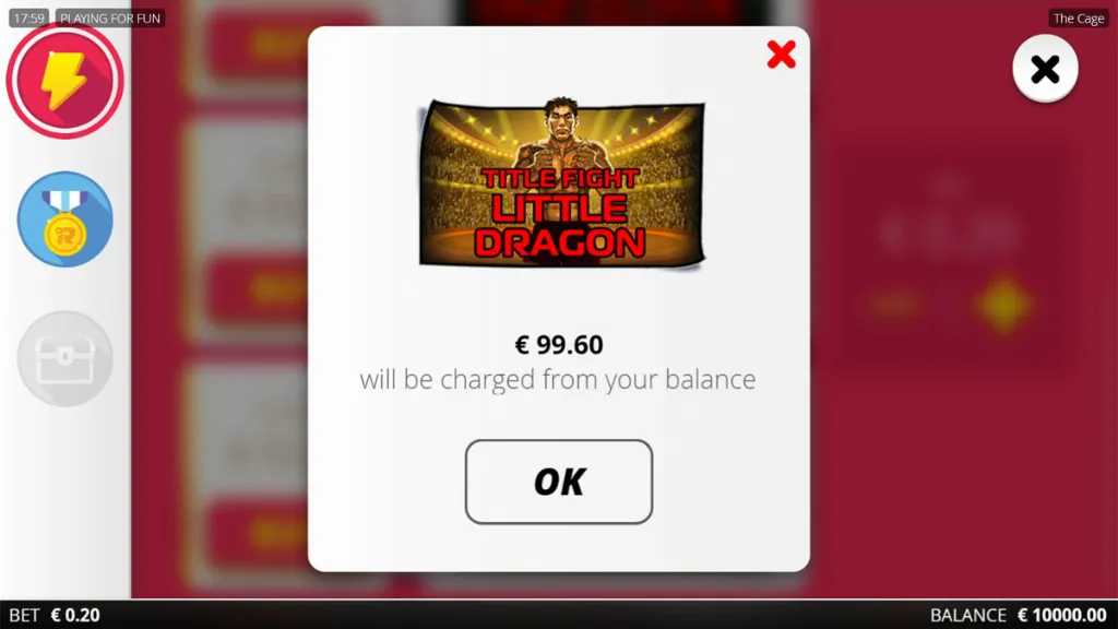 The Cage slot shows a bonus buy confirmation screen for the Title Fight Little Dragon feature.