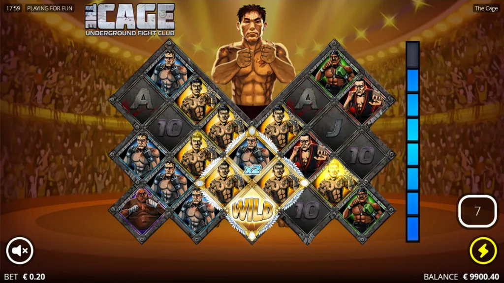 The Cage bonus round plays out with fighters and wild multipliers in action on the reels.