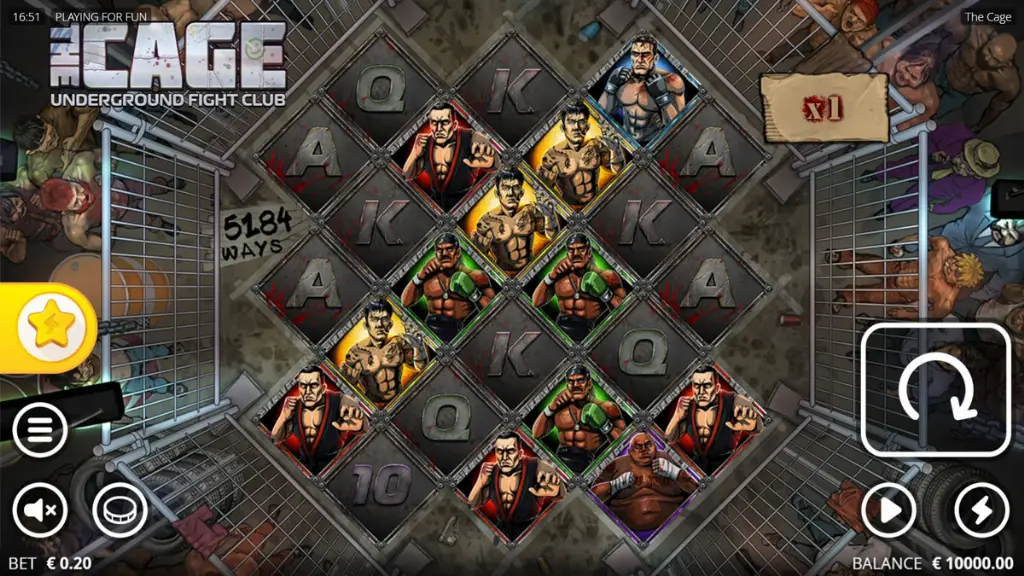 The Cage slot displays its fight-themed grid with underground cage fighters and 5184 ways to win.