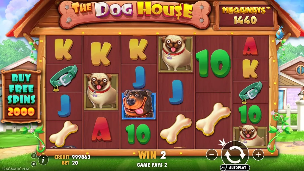 The Dog House Megaways slot game screen featuring reels with cartoon dogs, dog collars, bones, and colorful playing card symbols on a wooden kennel backdrop