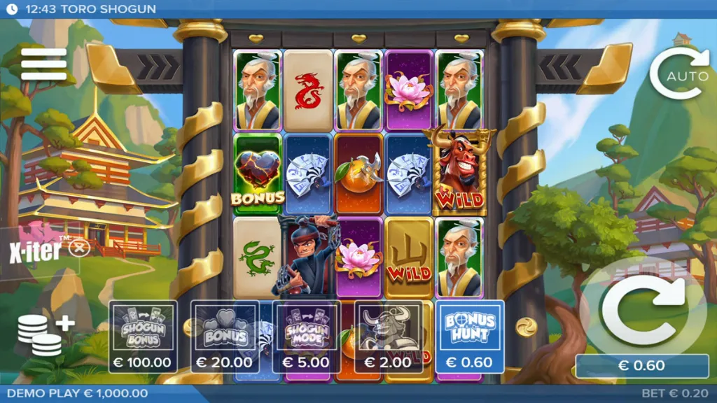 Toro Shogun slot X-iter feature buy menu with options for Shogun Bonus, Bonus Hunt, and special modes available for purchase.