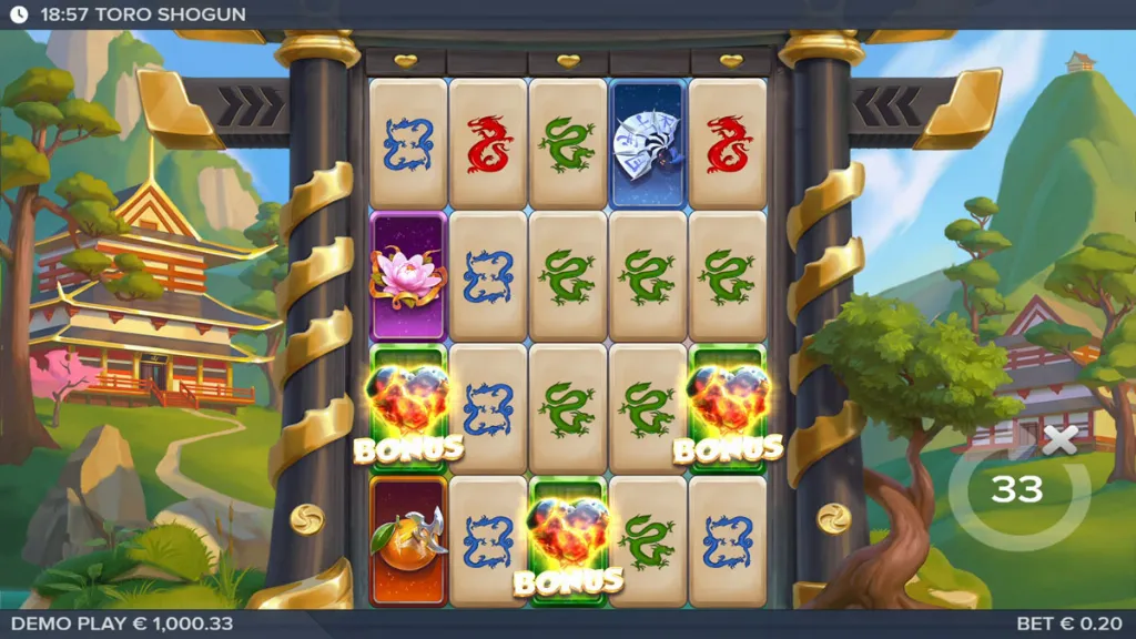 Slot Toro Shogun gameplay with three glowing bonus heart symbols landing on the reels, triggering the Shogun bonus feature with an Asian temple background.
