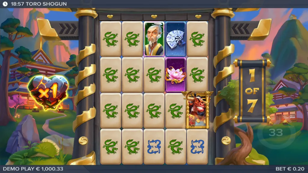 Toro Shogun slot bonus round showing the Toro wild character and heart multiplier active on the reels with free spins progress displayed.