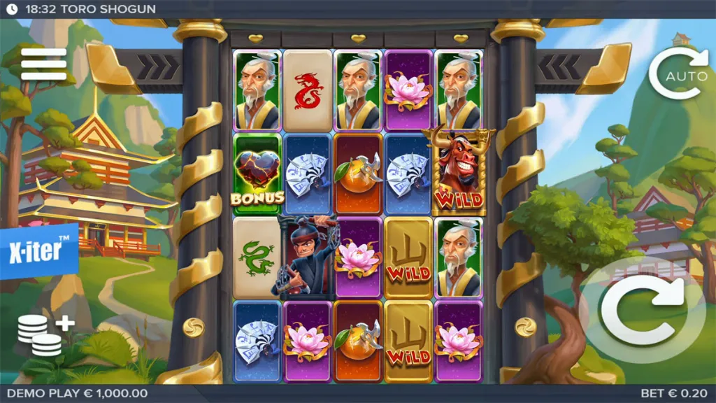 Toro Shogun slot base game with colorful dragon, lotus, fan, and Toro wild symbols on the reels in a Japanese garden setting.
