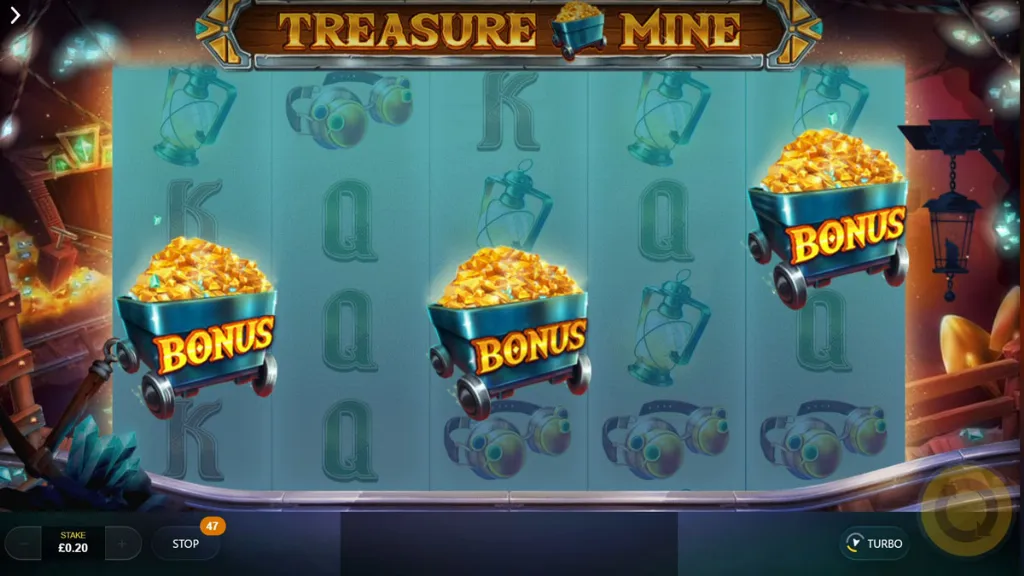Treasure Mine slot bonus round triggered with three golden minecart bonus symbols on the reels.