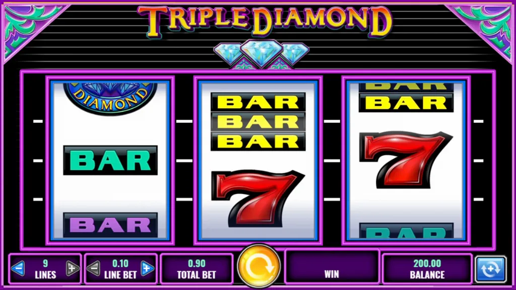 Classic slot reels from Triple Diamond displaying bar symbols and red sevens on a sleek black background.