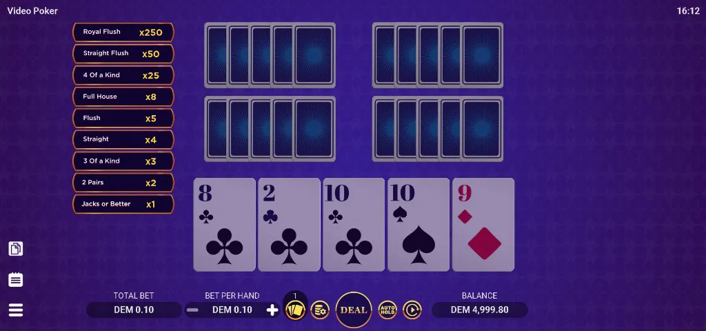 Video Poker game screen displaying five cards dealt, payout table on the left, and betting controls at the bottom.