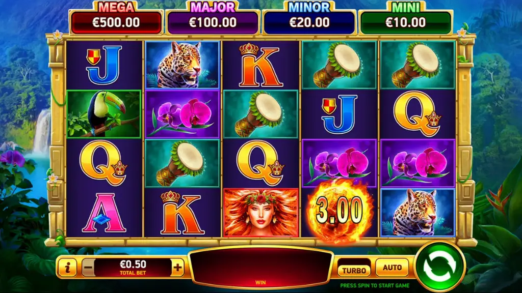 Volcano Rising - Gameplay screenshot with slot symbols