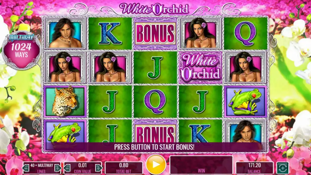 The game White Orchid shows bonus symbols lined up alongside exotic animals and floral-themed icons on vibrant green reels.