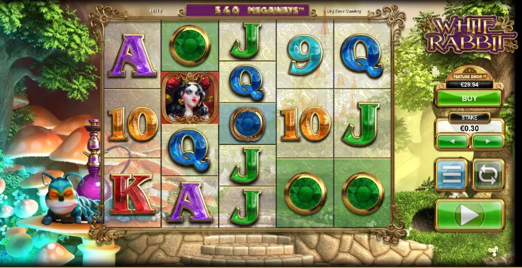White Rabbit Megaways slot game screen featuring colorful gem symbols, playing card icons, and a fantasy forest background with mushrooms and a caterpillar.