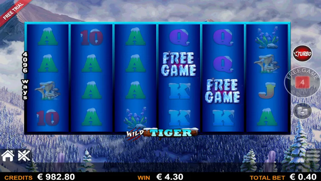 Wild Tiger online slot showing bonus trigger with free game symbols on reels in snowy mountain background.