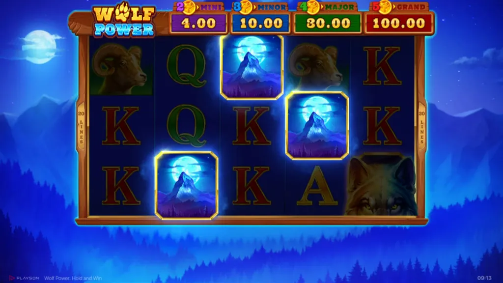Wolf Power Hold & Win slot game reels displaying moon scatter symbols that trigger the bonus feature.