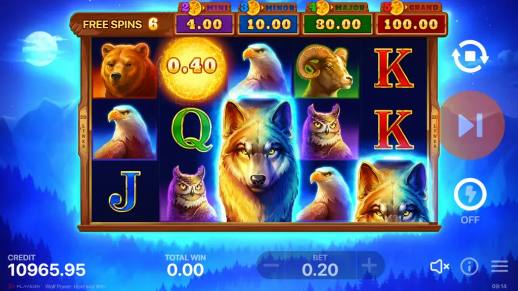 Wolf Power Hold & Win slot game in free spins mode featuring wolves, bears, eagles, and glowing coin symbols.