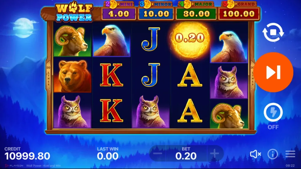Wolf Power Hold & Win slot reels showing animal symbols like rams, owls, and bears alongside card letters.