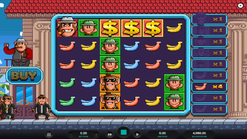 Banana Town slot reels with bonus symbols and characters visible, triggering free spins feature.