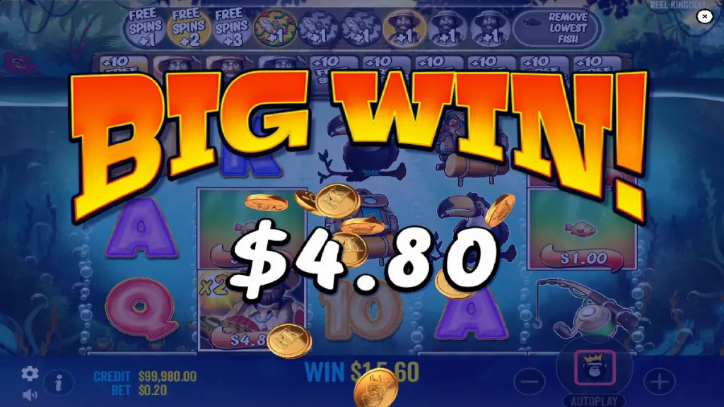 Big win screen in Big Bass Amazon Xtreme slot showing $4.80 win with golden coins animation.