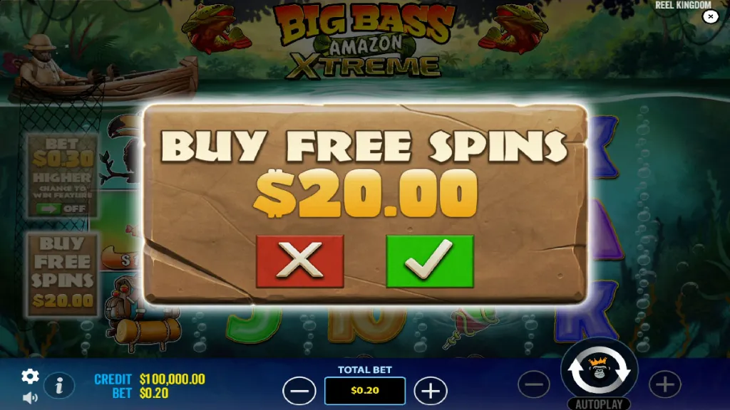 Bonus buy feature in Big Bass Amazon Xtreme slot offering free spins for $20.