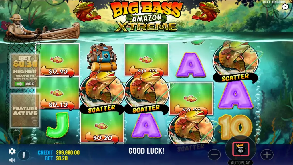 Big Bass Amazon Xtreme slot showing bonus scatter symbols landing on the reels to trigger free spins.