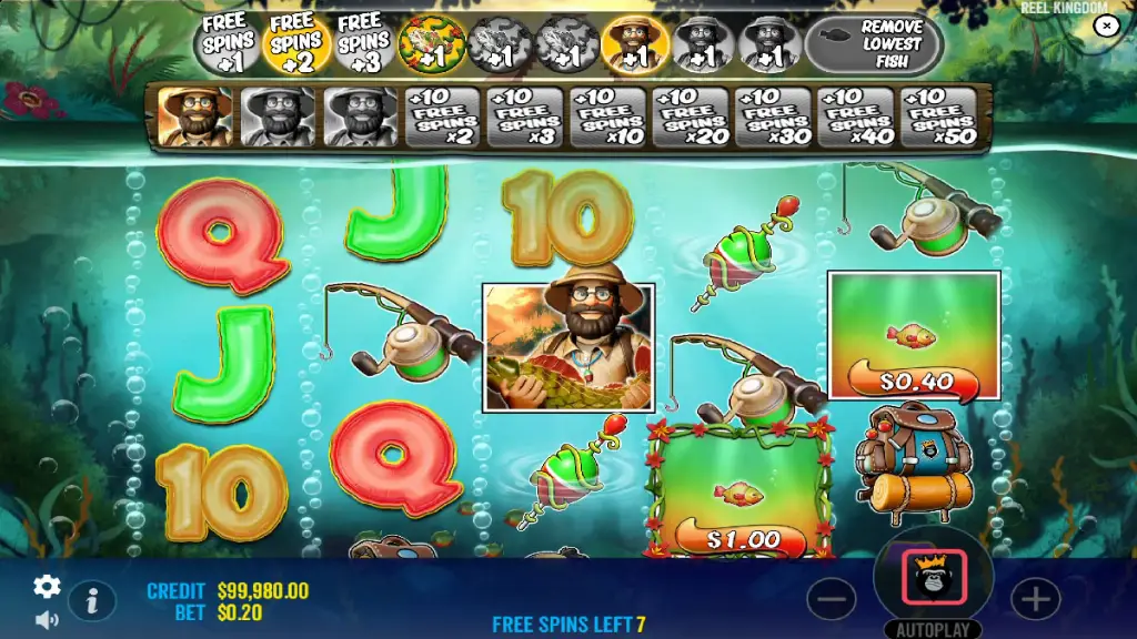 Free spins round in Big Bass Amazon Xtreme with fisherman and fish symbols collecting cash prizes.