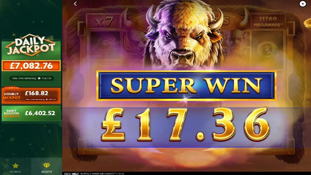 Buffalo Mania Megaways slot big win screen highlighting a super win payout of £17.36 with a buffalo graphic.