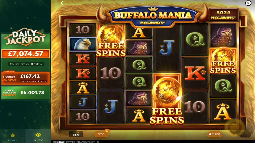 Buffalo Mania Megaways slot triggering bonus round with free spins scatter symbols landing on the reels.