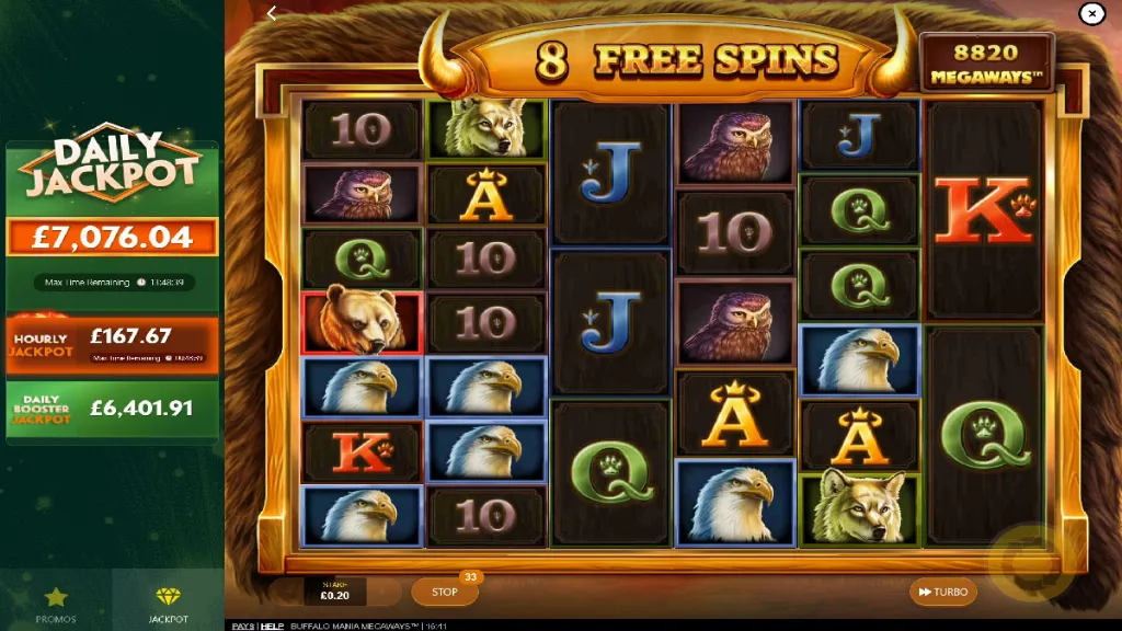 Buffalo Mania Megaways slot during bonus spins with stacked animal symbols and jackpot counters on display.