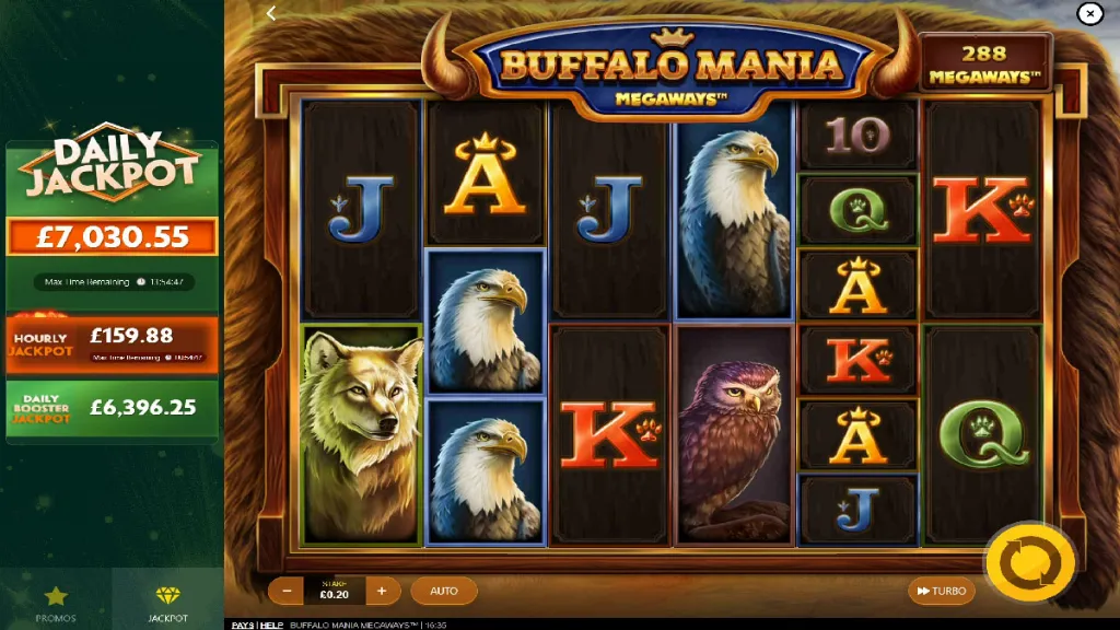 Buffalo Mania Megaways slot normal gameplay showing wolves, eagles, and card symbols across reels.