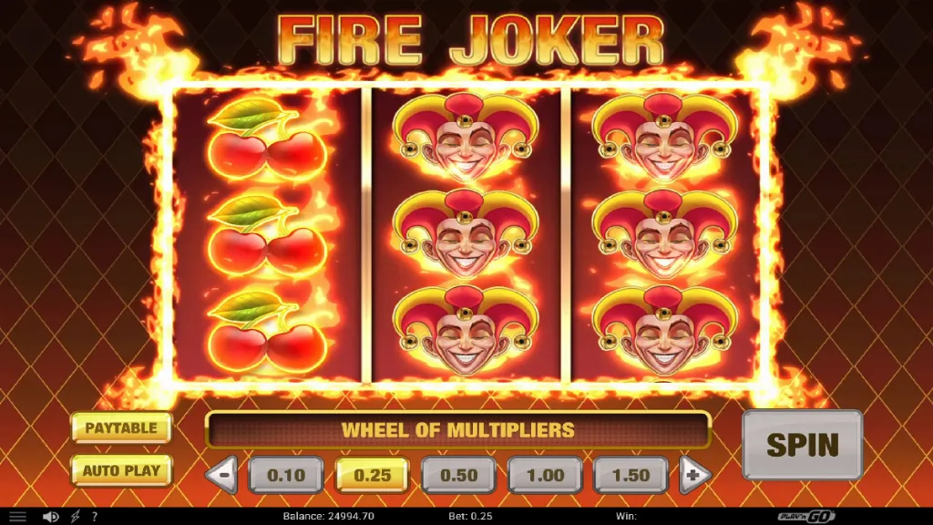 Fire Joker slot bonus trigger with winning combinations lit on reels