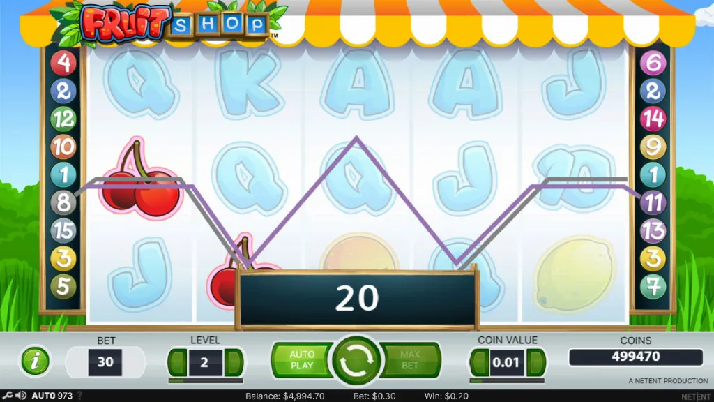 Fruit Shop slot bonus trigger with cherries landing on paylines