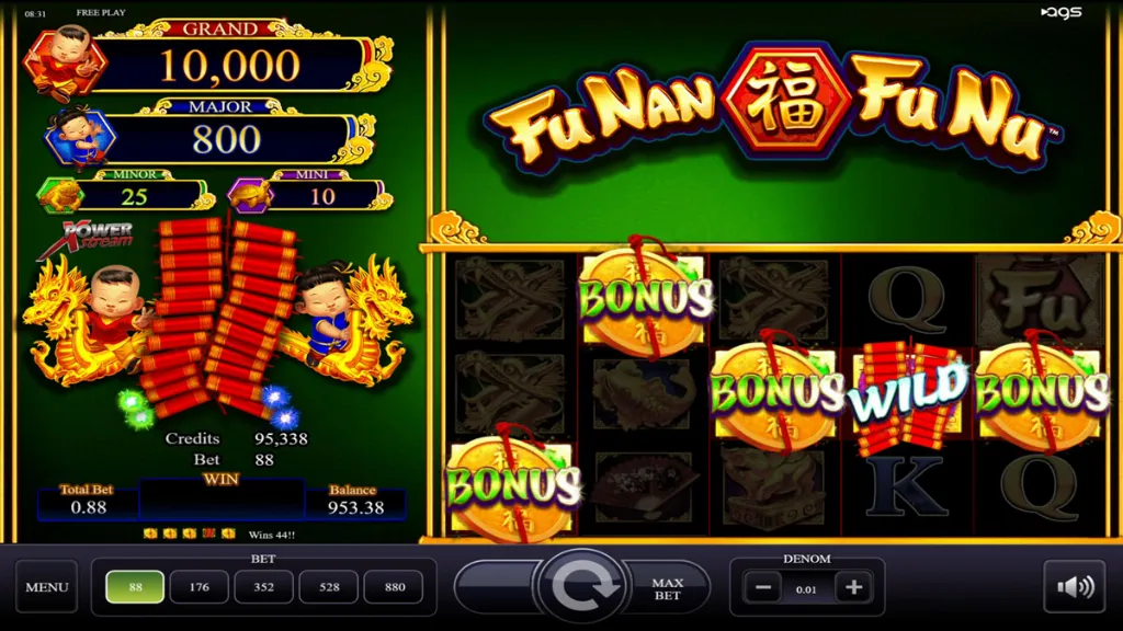 Bonus feature triggered in the Fu Nan Fu Nu slot with multiple bonus symbols visible on the reels
