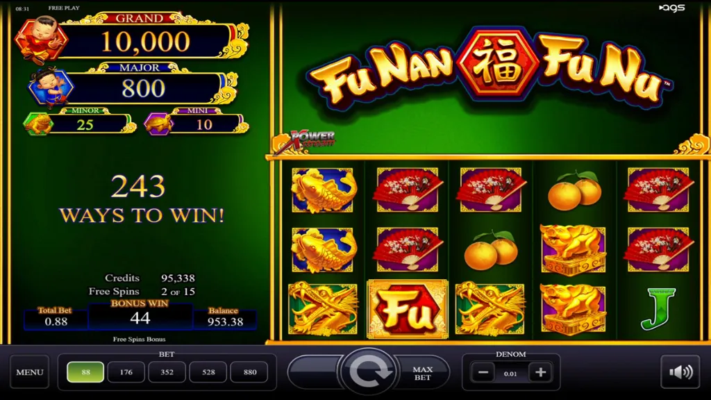 Free spins bonus round in progress on the Fu Nan Fu Nu slot with 243 ways to win