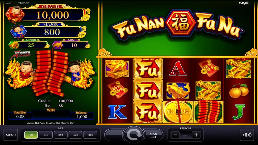 Base game spins showing colorful symbols on the Fu Nan Fu Nu slot machine