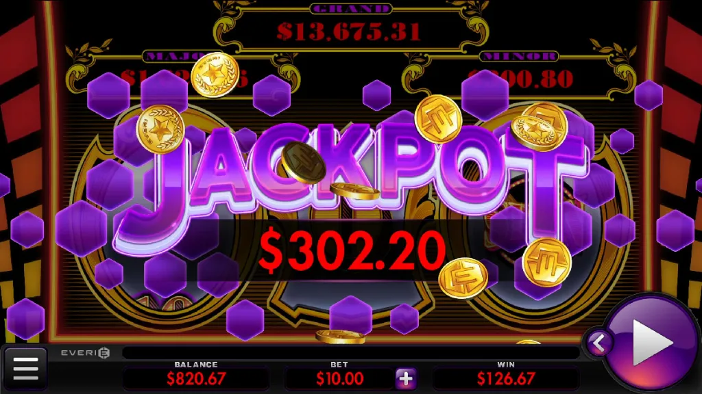 Gold Standard Jackpots slot showing jackpot win celebration with $302.20 payout highlighted.