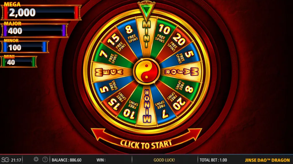 Bonus round in Jinse Dao Dragon showing a colorful prize wheel with jackpot levels and free spin segments.