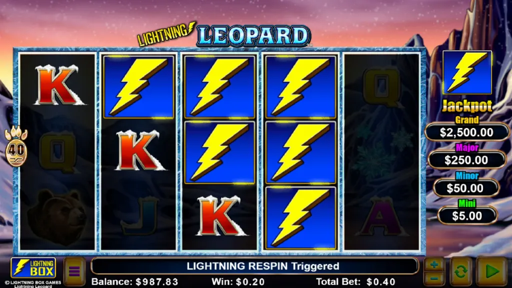 Lightning Leopard bonus trigger with multiple lightning bolt icons landing across the reels in a tundra setting.