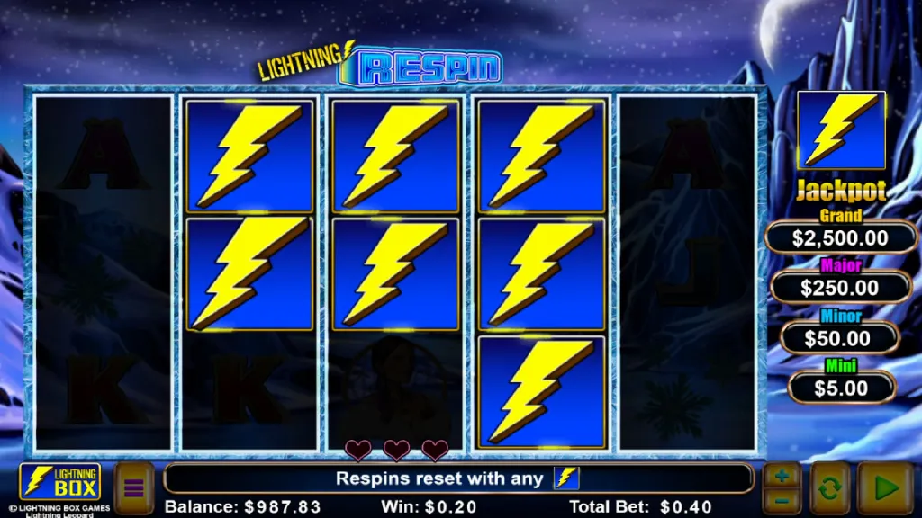 Lightning Leopard slot bonus respins with a grid of lightning bolt symbols and jackpot tiers on the right panel.
