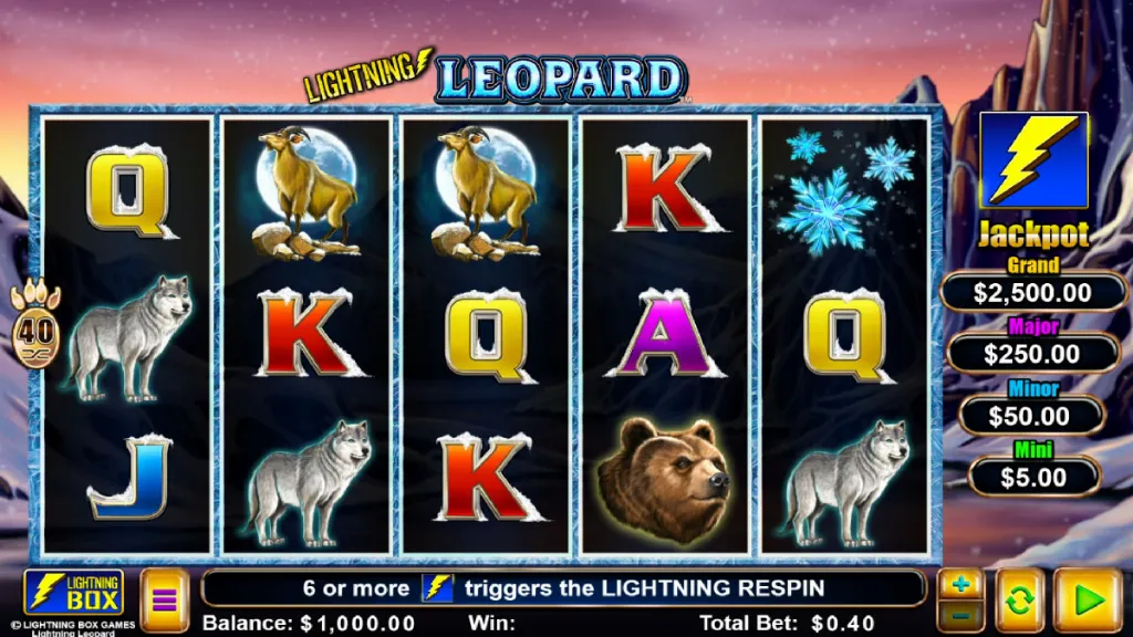 Lightning Leopard base game reels featuring wolves, bears, goats, and high-card symbols in an icy mountain theme.
