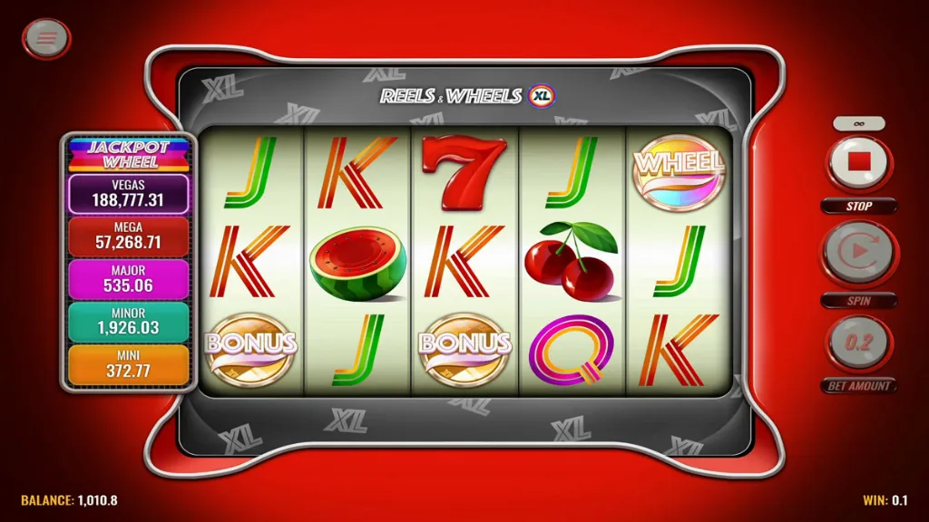 Reels & Wheels XL slot showing bonus symbols triggering the jackpot wheel feature