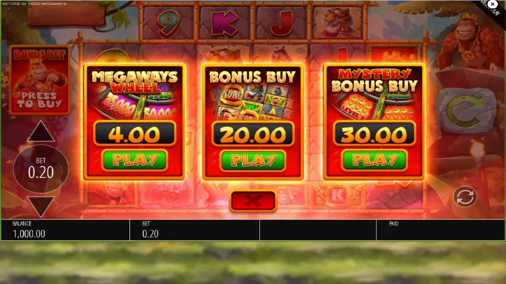 Return of Kong Megaways slot bonus buy screen offering Megaways Wheel, standard bonus, and mystery bonus options.