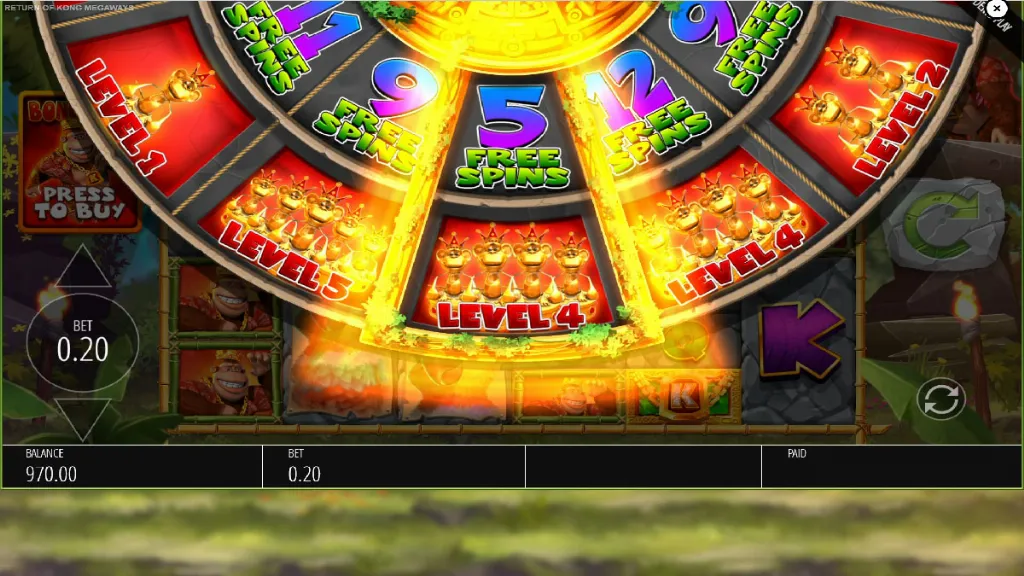 Return of Kong Megaways slot wheel landing on free spins and level upgrades to trigger the bonus feature.