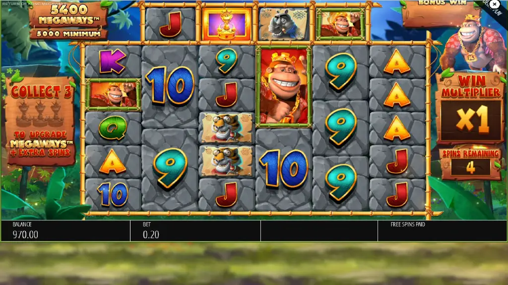Return of Kong Megaways free spins round with cartoon gorilla, rhino, and tiger symbols on cascading reels.